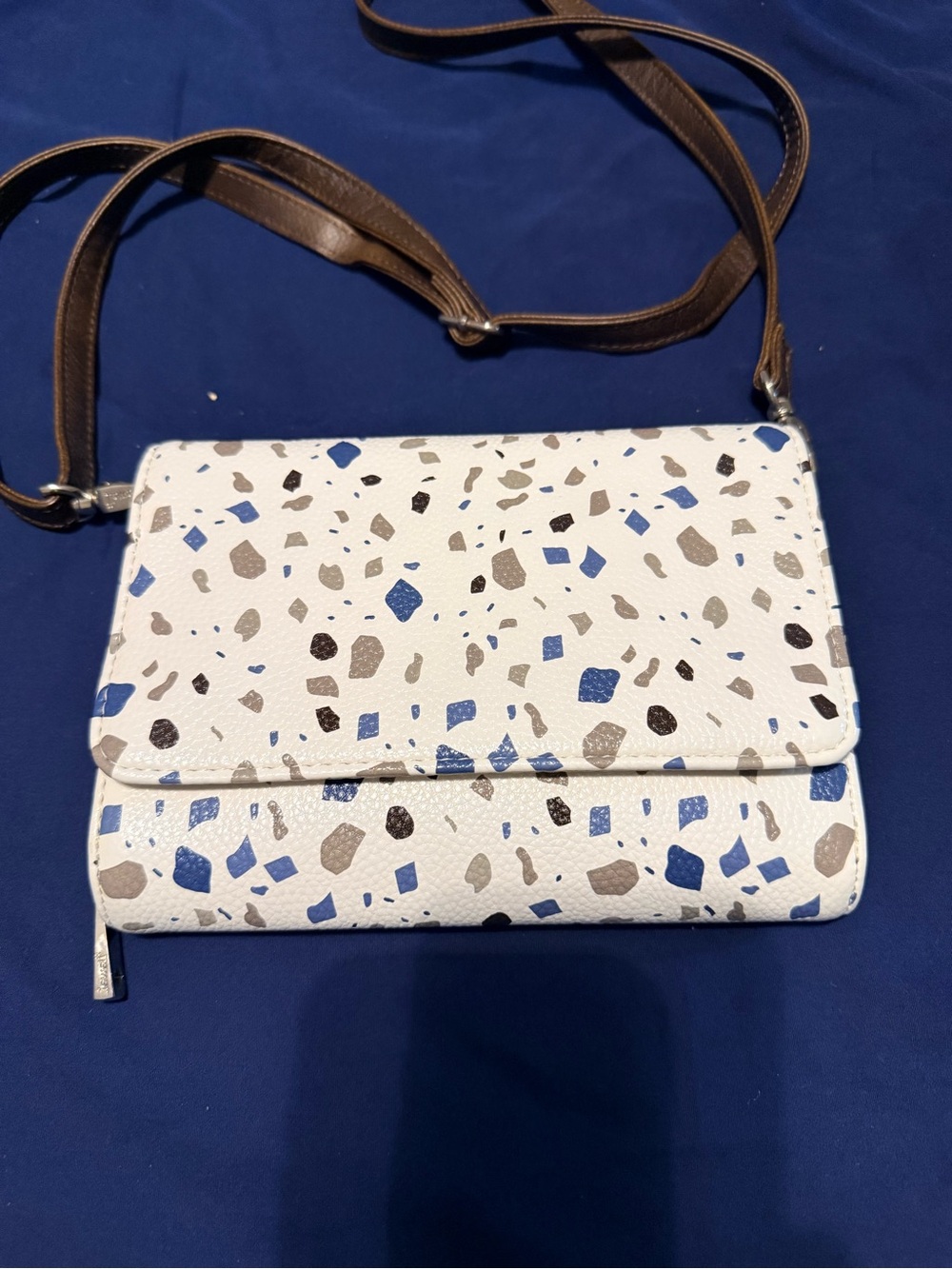Thirty one White Terrazzo-Print Crossbody Bag with Blue and Brown Accents